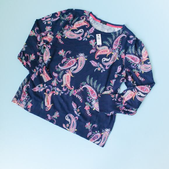 NEW Talbots Shadow Paisley Print Crewneck Sweater Size 2X Cotton Navy Blue - Picture 2 of 10